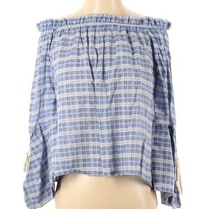 Ruby & Jenna Blue/White Plaid Off-the-Shoulder Top